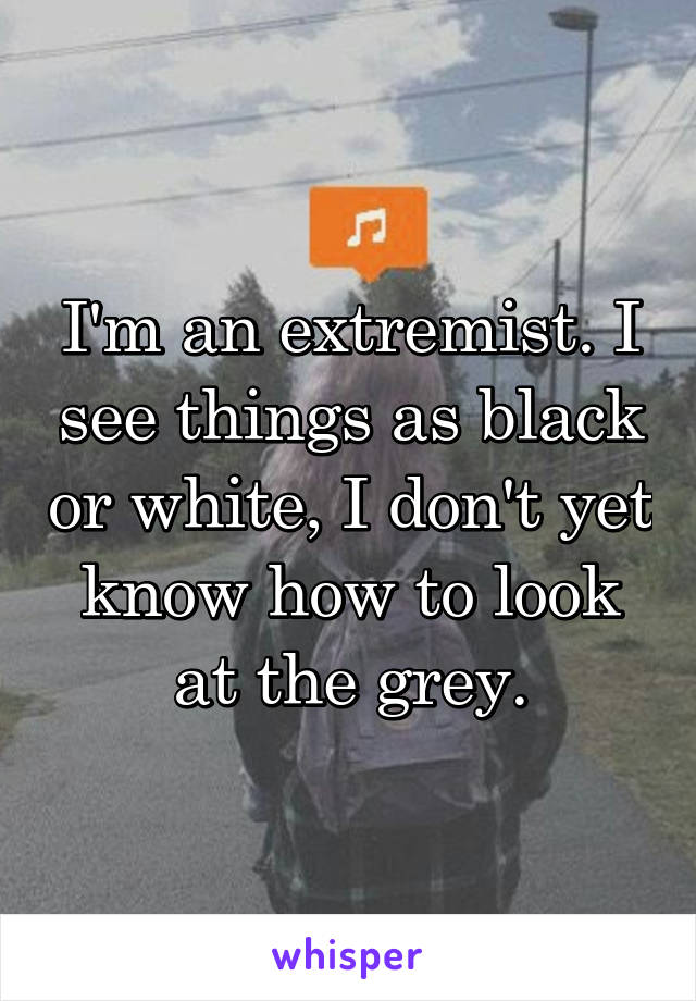 I'm an extremist. I see things as black or white, I don't yet know how to look at the grey.