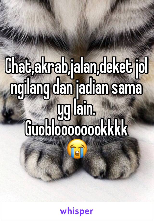 Chat,akrab,jalan,deket jol ngilang dan jadian sama yg lain.
Guobloooooookkkk
😭