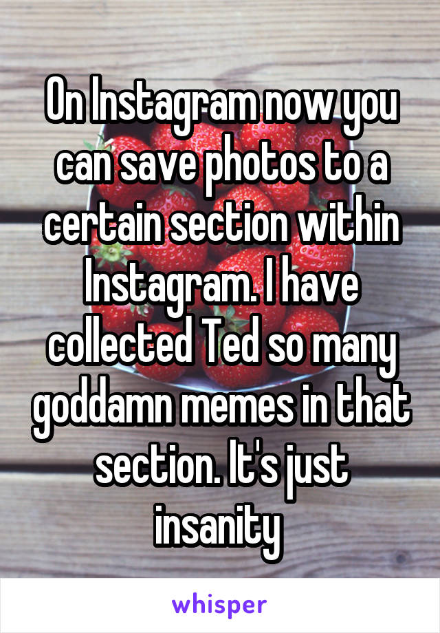 On Instagram now you can save photos to a certain section within Instagram. I have collected Ted so many goddamn memes in that section. It's just insanity 