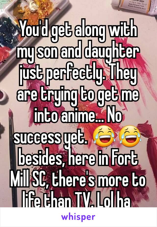 You'd get along with my son and daughter just perfectly. They are trying to get me into anime... No success yet. 😂😂 besides, here in Fort Mill SC, there's more to life than TV. Lol ha 