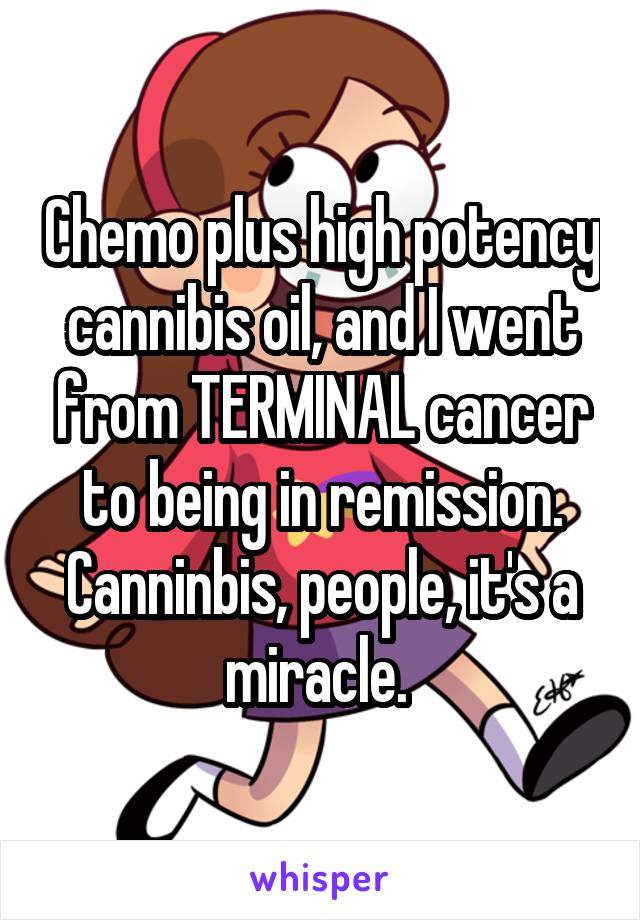 Chemo plus high potency cannibis oil, and I went from TERMINAL cancer to being in remission. Canninbis, people, it's a miracle. 