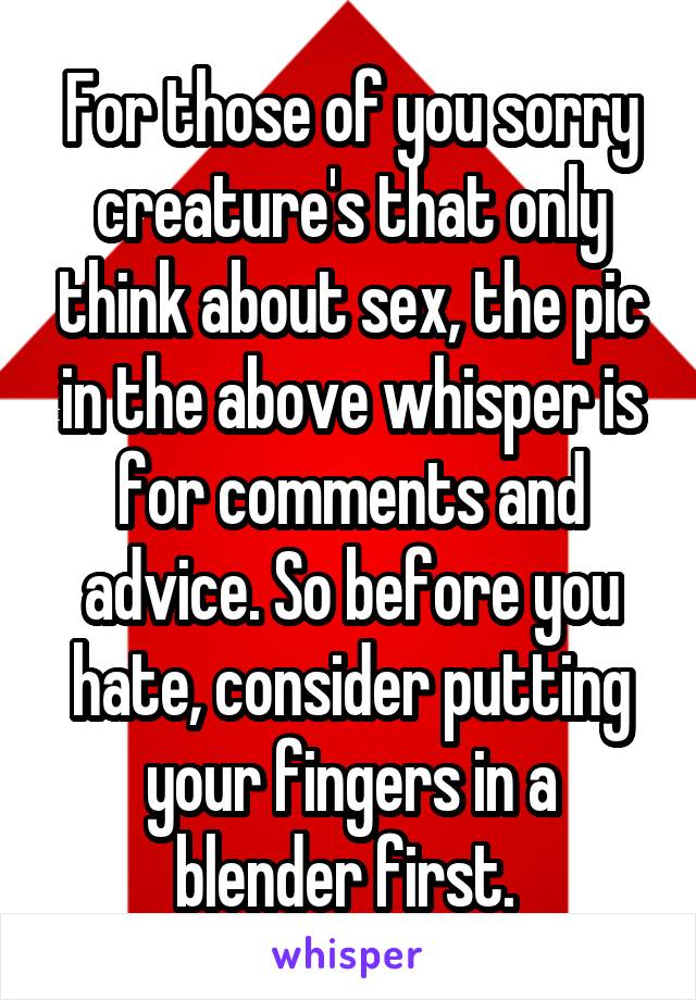 For those of you sorry creature's that only think about sex, the pic in the above whisper is for comments and advice. So before you hate, consider putting your fingers in a blender first. 