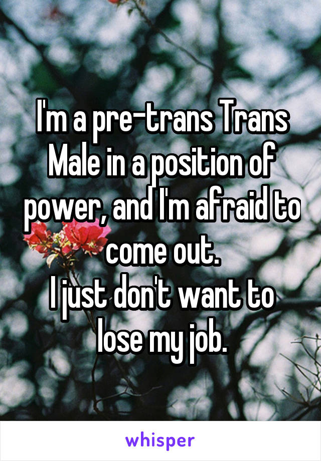 I'm a pre-trans Trans Male in a position of power, and I'm afraid to come out.
I just don't want to lose my job.