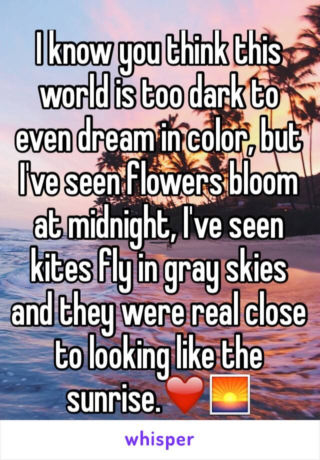 I know you think this world is too dark to even dream in color, but I've seen flowers bloom at midnight, I've seen kites fly in gray skies and they were real close to looking like the sunrise.❤️🌅