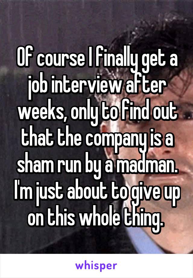 Of course I finally get a job interview after weeks, only to find out that the company is a sham run by a madman. I'm just about to give up on this whole thing. 