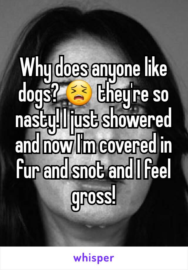 Why does anyone like dogs? 😣 they're so nasty! I just showered and now I'm covered in fur and snot and I feel gross!