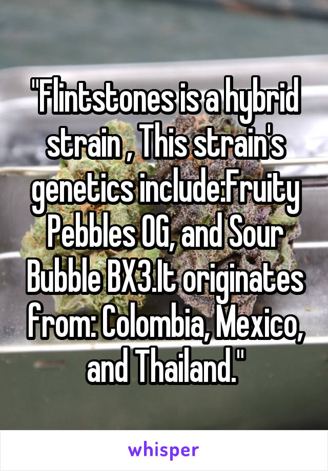 "Flintstones is a hybrid strain , This strain's genetics include:Fruity Pebbles OG, and Sour Bubble BX3.It originates from: Colombia, Mexico, and Thailand."