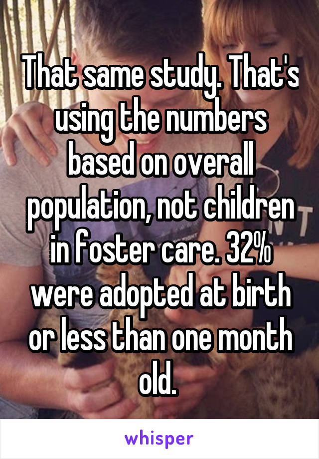 That same study. That's using the numbers based on overall population, not children in foster care. 32% were adopted at birth or less than one month old. 