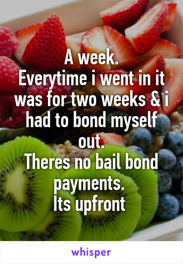 A week.
Everytime i went in it was for two weeks & i had to bond myself out.
Theres no bail bond payments. 
Its upfront 