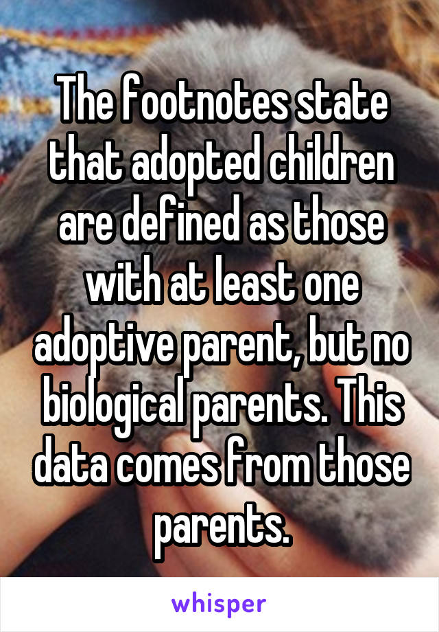 The footnotes state that adopted children are defined as those with at least one adoptive parent, but no biological parents. This data comes from those parents.