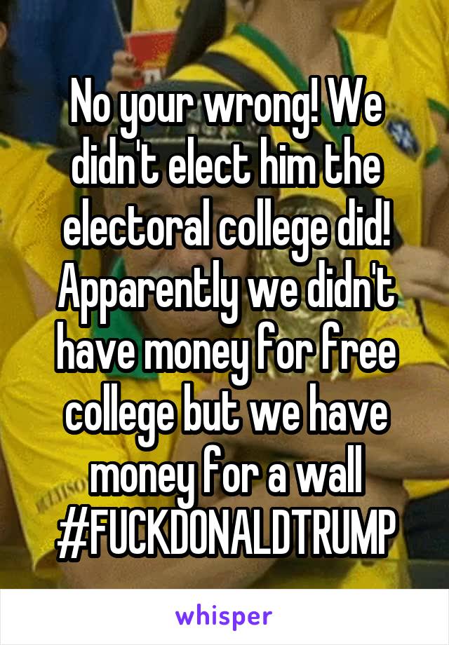 No your wrong! We didn't elect him the electoral college did! Apparently we didn't have money for free college but we have money for a wall #FUCKDONALDTRUMP