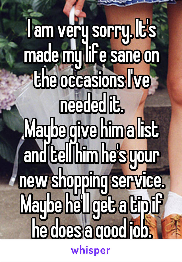 I am very sorry. It's made my life sane on the occasions I've needed it.
Maybe give him a list and tell him he's your new shopping service. Maybe he'll get a tip if he does a good job.