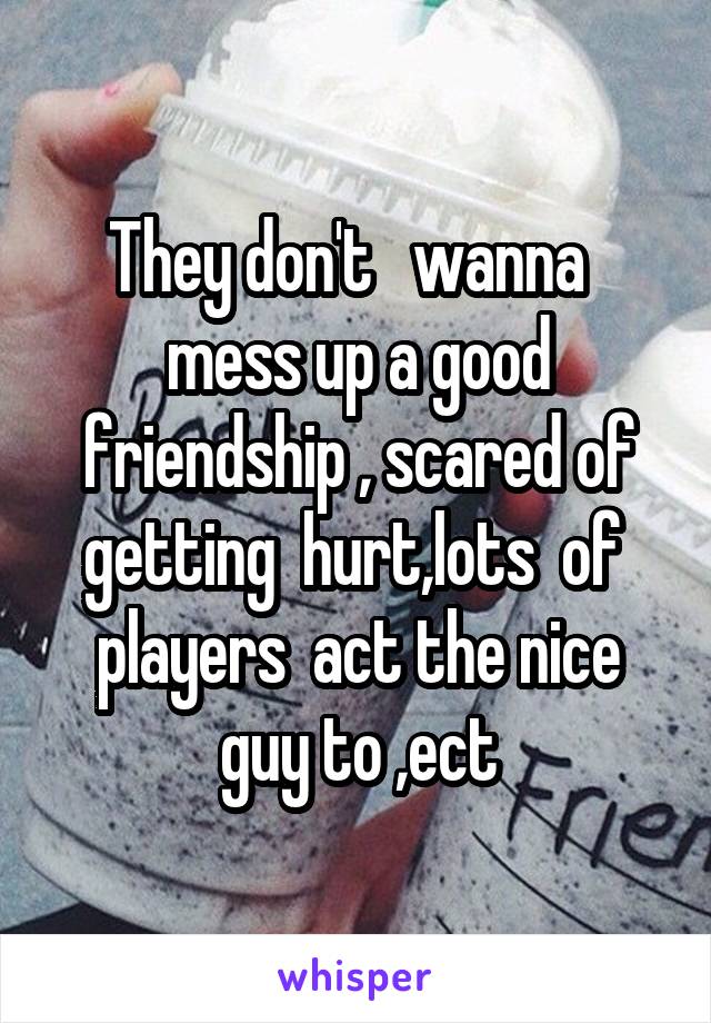 They don't   wanna   mess up a good friendship , scared of getting  hurt,lots  of  players  act the nice guy to ,ect