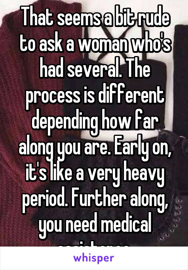 That seems a bit rude to ask a woman who's had several. The process is different depending how far along you are. Early on, it's like a very heavy period. Further along, you need medical assistance.