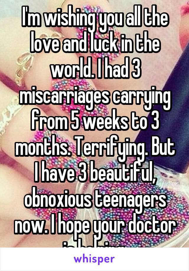 I'm wishing you all the love and luck in the world. I had 3 miscarriages carrying from 5 weeks to 3 months. Terrifying. But I have 3 beautiful, obnoxious teenagers now. I hope your doctor is helping.