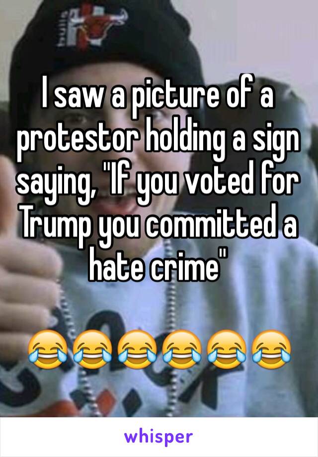 I saw a picture of a protestor holding a sign saying, "If you voted for Trump you committed a hate crime"

😂😂😂😂😂😂