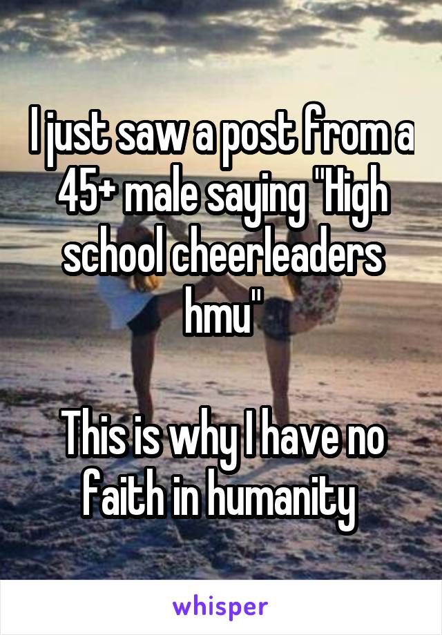 I just saw a post from a 45+ male saying "High school cheerleaders hmu"

This is why I have no faith in humanity 