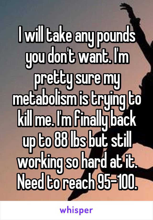 I will take any pounds you don't want. I'm pretty sure my metabolism is trying to kill me. I'm finally back up to 88 lbs but still working so hard at it. Need to reach 95-100.