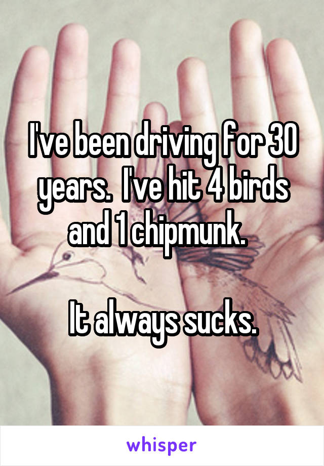 I've been driving for 30 years.  I've hit 4 birds and 1 chipmunk.  

It always sucks.