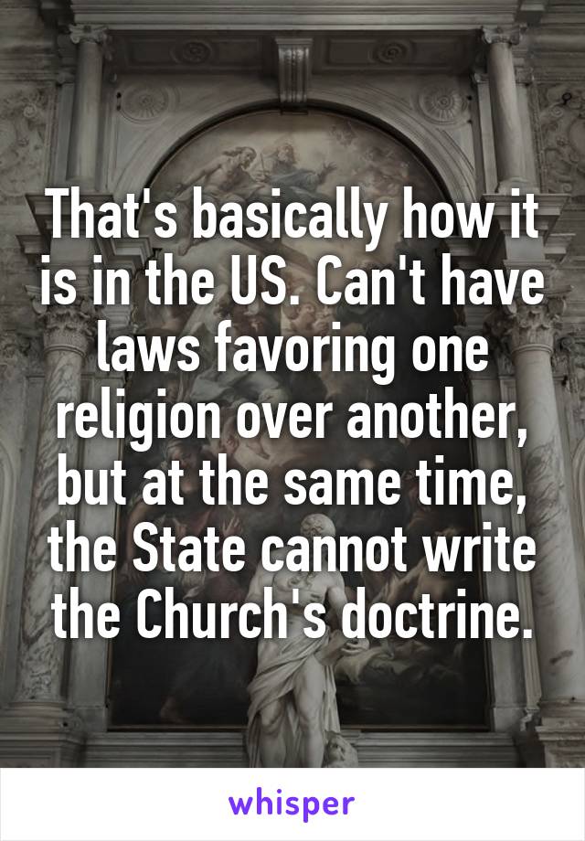 That's basically how it is in the US. Can't have laws favoring one religion over another, but at the same time, the State cannot write the Church's doctrine.