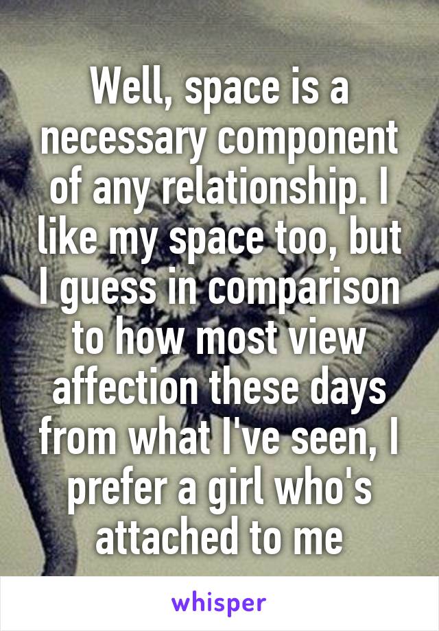 Well, space is a necessary component of any relationship. I like my space too, but I guess in comparison to how most view affection these days from what I've seen, I prefer a girl who's attached to me
