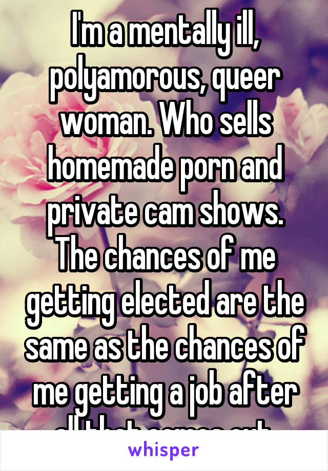 I'm a mentally ill, polyamorous, queer woman. Who sells homemade porn and private cam shows.
The chances of me getting elected are the same as the chances of me getting a job after all that comes out.