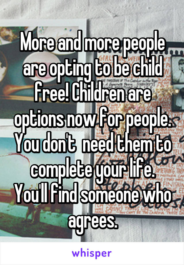 More and more people are opting to be child free! Children are options now for people. You don't  need them to complete your life. You'll find someone who agrees.