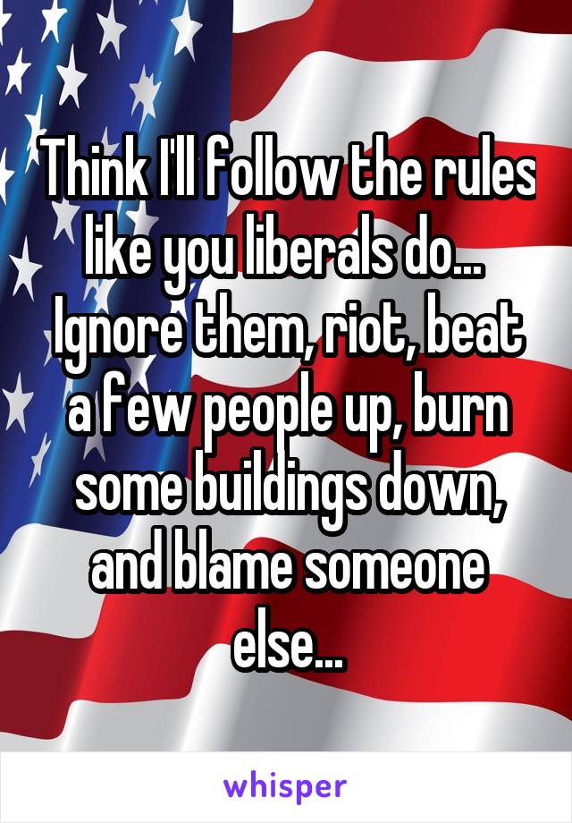 Think I'll follow the rules like you liberals do...  Ignore them, riot, beat a few people up, burn some buildings down, and blame someone else...