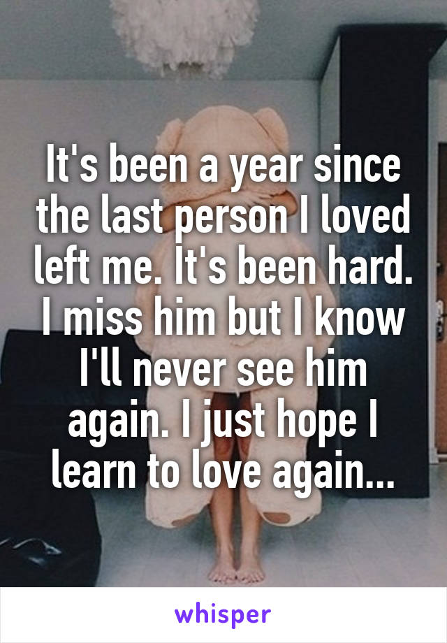It's been a year since the last person I loved left me. It's been hard. I miss him but I know I'll never see him again. I just hope I learn to love again...