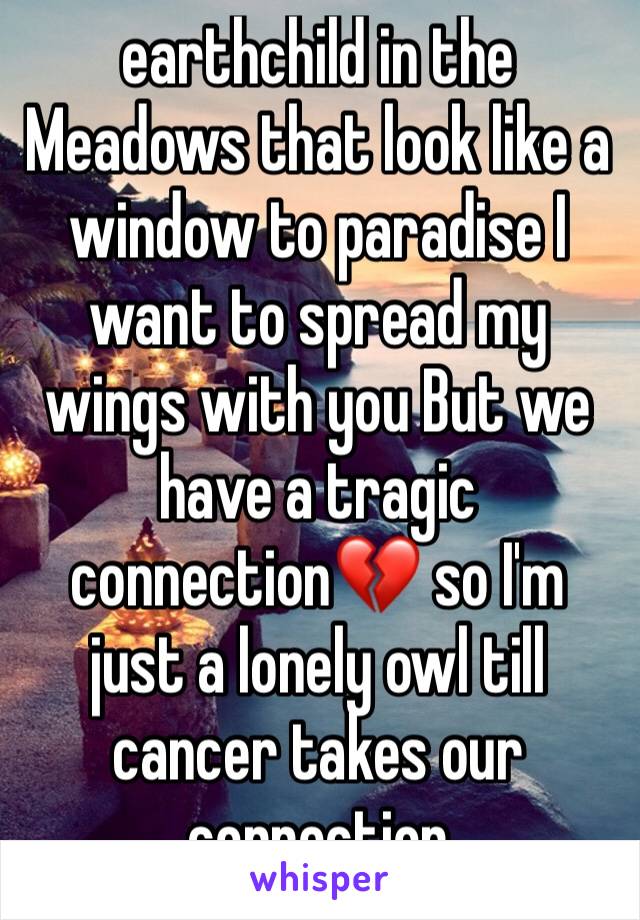 earthchild in the Meadows that look like a window to paradise I want to spread my wings with you But we have a tragic connection💔 so I'm just a lonely owl till cancer takes our connection