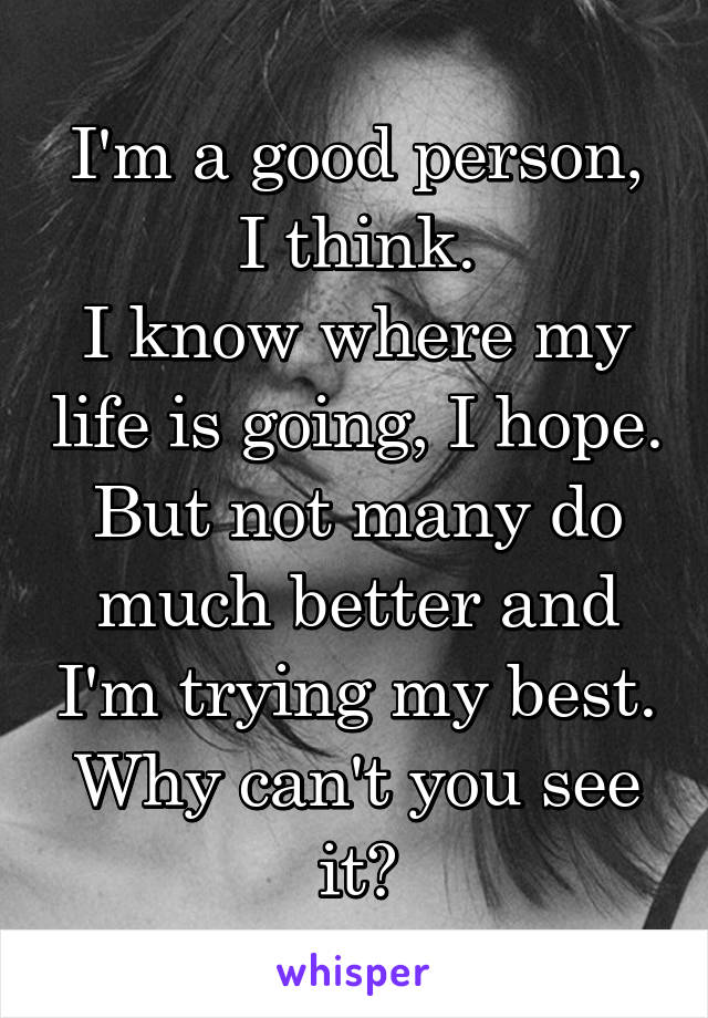 I'm a good person, I think.
I know where my life is going, I hope.
But not many do much better and I'm trying my best.
Why can't you see it?