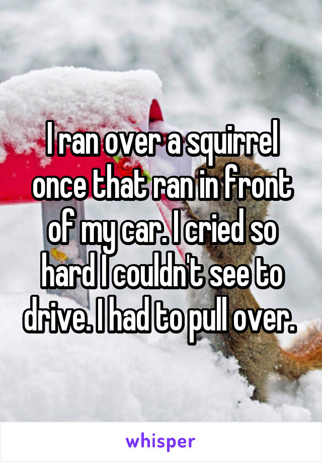 I ran over a squirrel once that ran in front of my car. I cried so hard I couldn't see to drive. I had to pull over. 