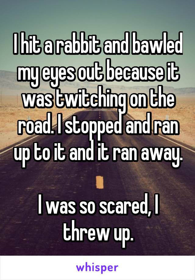 I hit a rabbit and bawled my eyes out because it was twitching on the road. I stopped and ran up to it and it ran away.

I was so scared, I threw up.