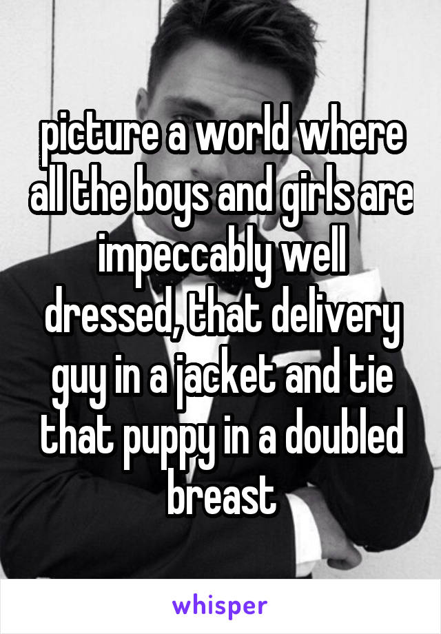 picture a world where all the boys and girls are impeccably well dressed, that delivery guy in a jacket and tie that puppy in a doubled breast