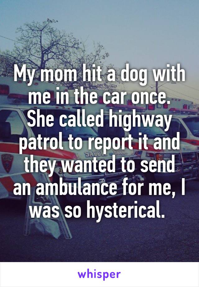 My mom hit a dog with me in the car once. She called highway patrol to report it and they wanted to send an ambulance for me, I was so hysterical. 