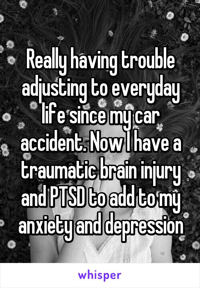 Really having trouble adjusting to everyday life since my car accident. Now I have a traumatic brain injury and PTSD to add to my anxiety and depression