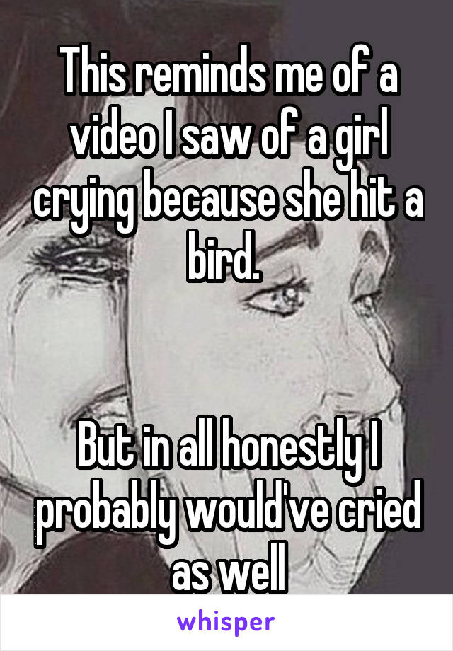 This reminds me of a video I saw of a girl crying because she hit a bird. 


But in all honestly I probably would've cried as well