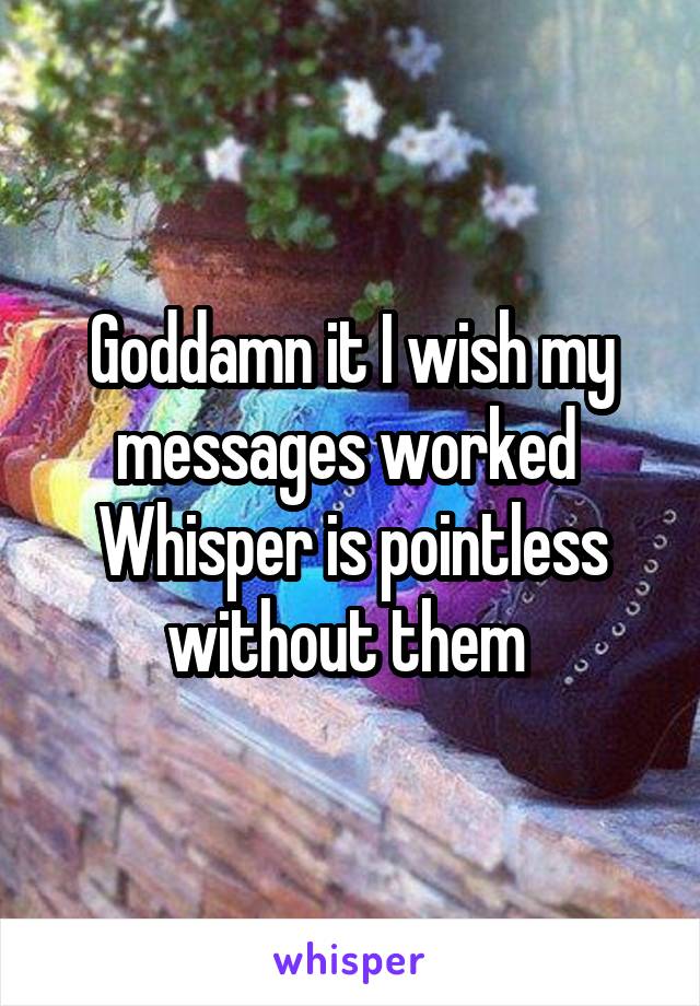 Goddamn it I wish my messages worked 
Whisper is pointless without them 