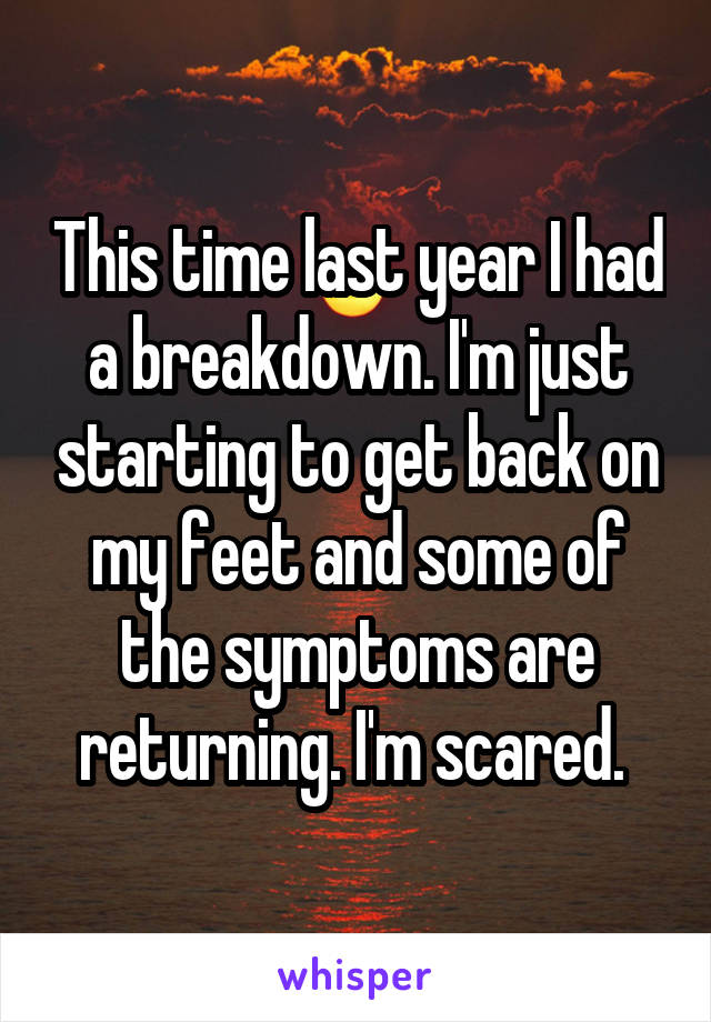 This time last year I had a breakdown. I'm just starting to get back on my feet and some of the symptoms are returning. I'm scared. 