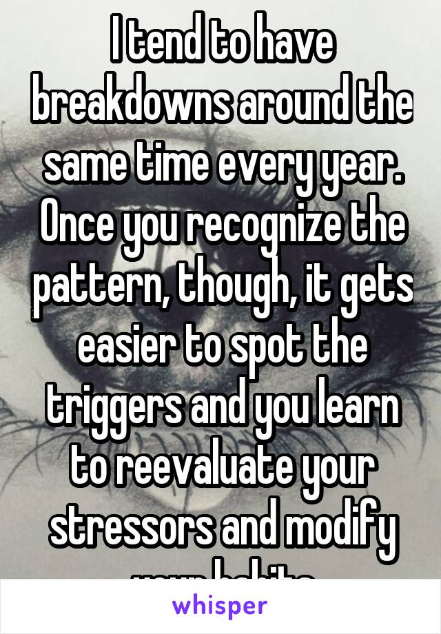 I tend to have breakdowns around the same time every year. Once you recognize the pattern, though, it gets easier to spot the triggers and you learn to reevaluate your stressors and modify your habits