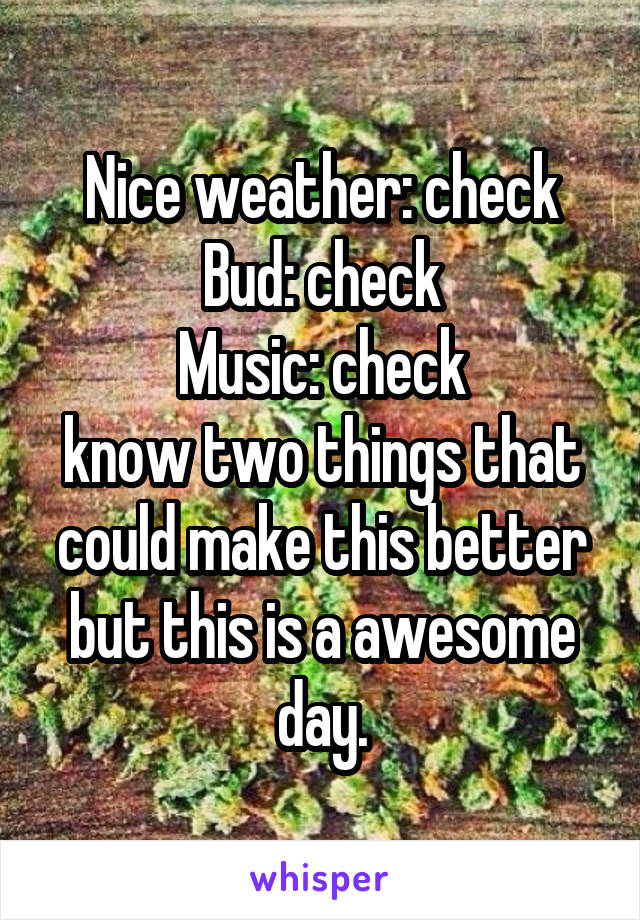 Nice weather: check
Bud: check
Music: check
know two things that could make this better but this is a awesome day.