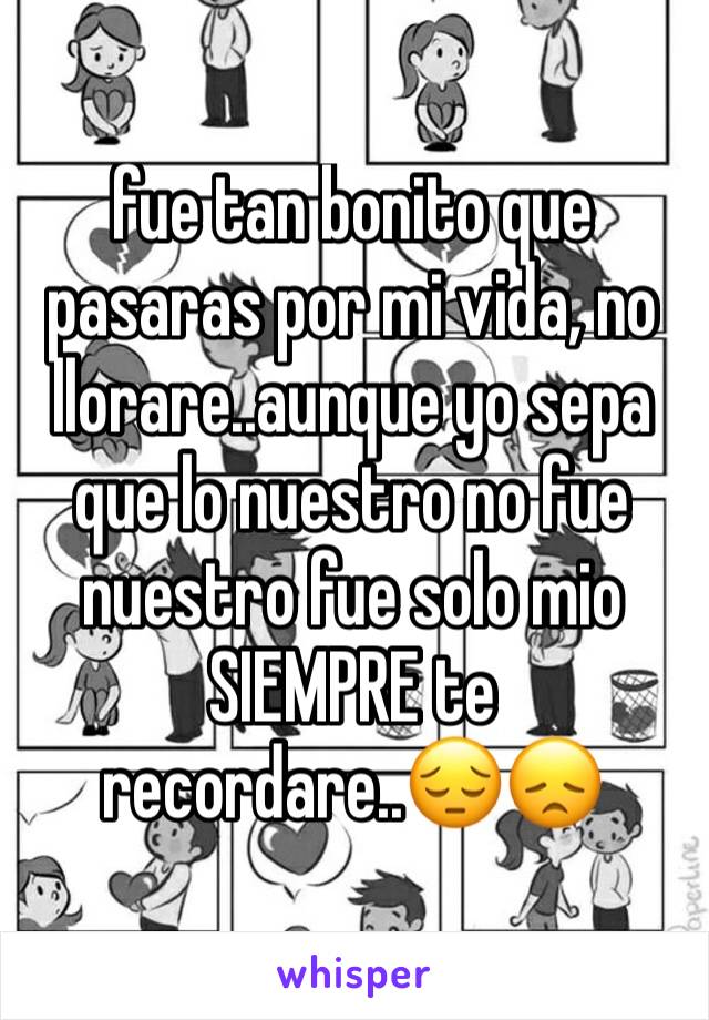 fue tan bonito que pasaras por mi vida, no llorare..aunque yo sepa que lo nuestro no fue nuestro fue solo mio SIEMPRE te recordare..😔😞