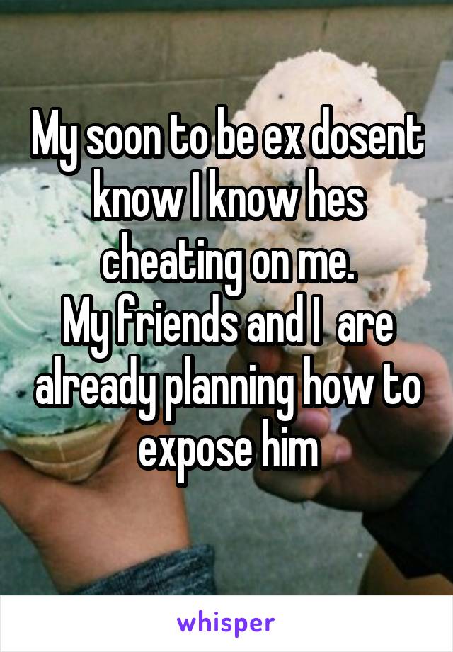 My soon to be ex dosent know I know hes cheating on me.
My friends and I  are already planning how to expose him
