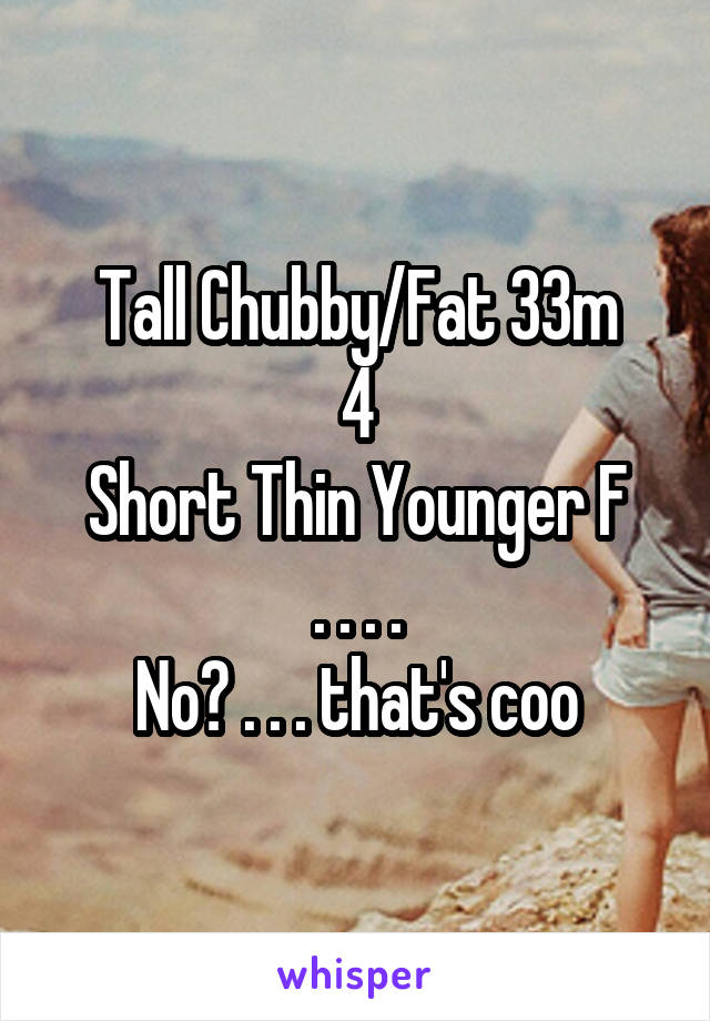 Tall Chubby/Fat 33m
4
Short Thin Younger F
. . . .
No? . . . that's coo