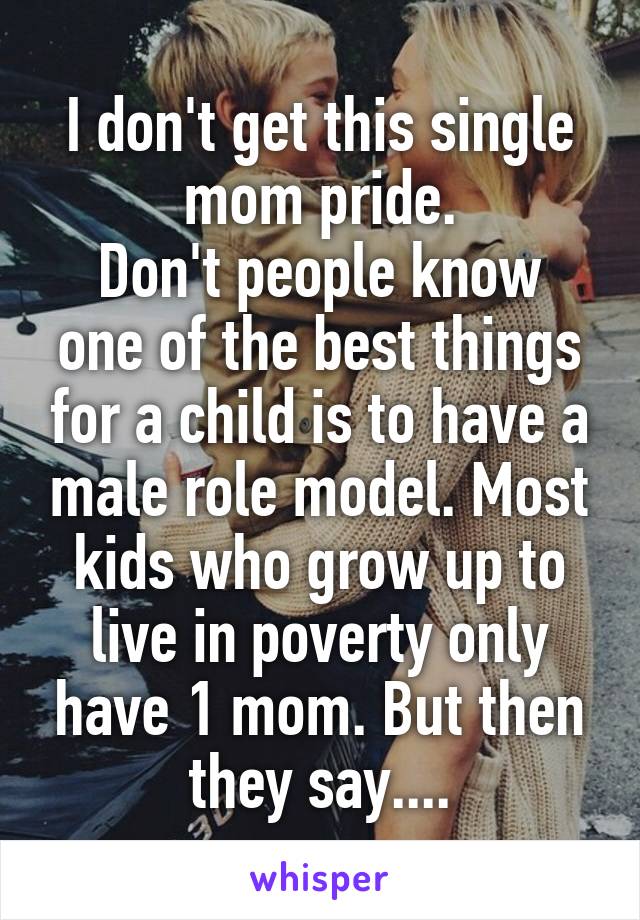 I don't get this single mom pride.
Don't people know one of the best things for a child is to have a male role model. Most kids who grow up to live in poverty only have 1 mom. But then they say....