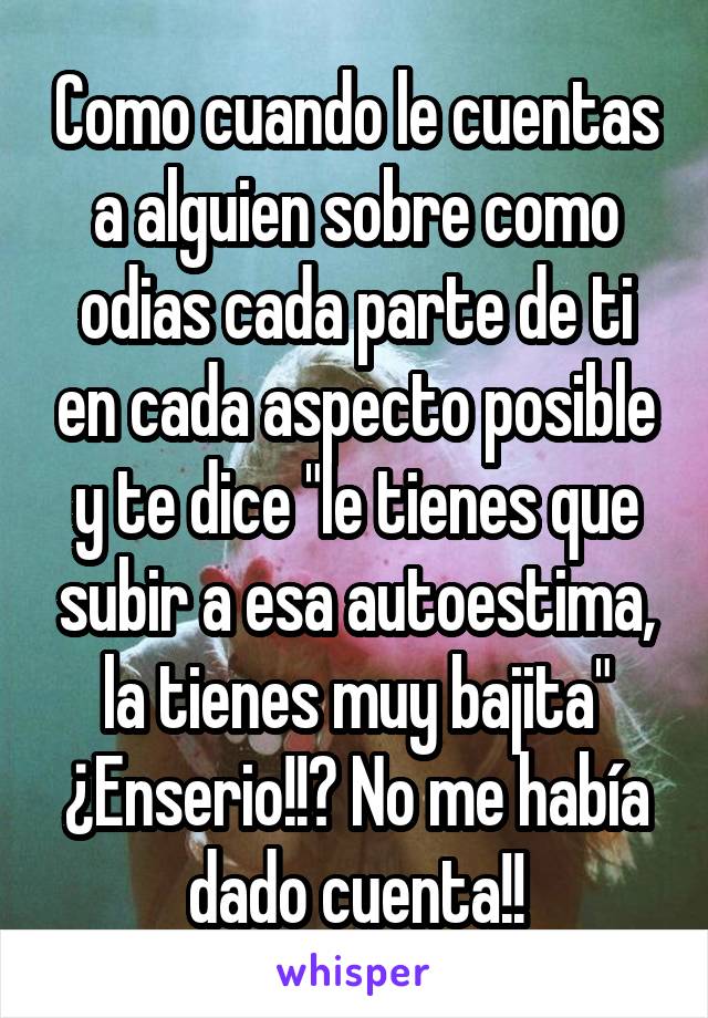 Como cuando le cuentas a alguien sobre como odias cada parte de ti en cada aspecto posible y te dice "le tienes que subir a esa autoestima, la tienes muy bajita" ¿Enserio!!? No me había dado cuenta!!