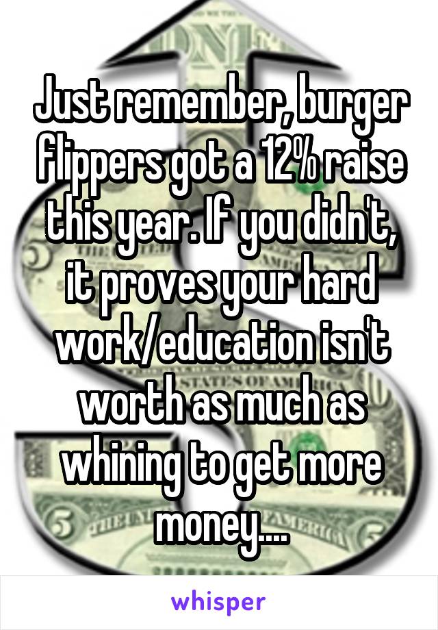 Just remember, burger flippers got a 12% raise this year. If you didn't, it proves your hard work/education isn't worth as much as whining to get more money....