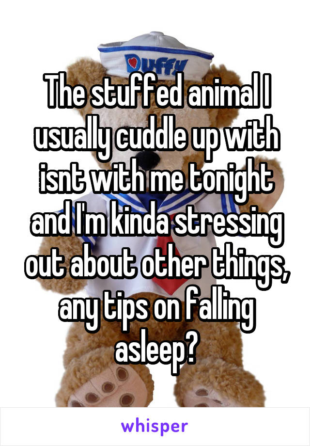 The stuffed animal I usually cuddle up with isnt with me tonight and I'm kinda stressing out about other things, any tips on falling asleep?