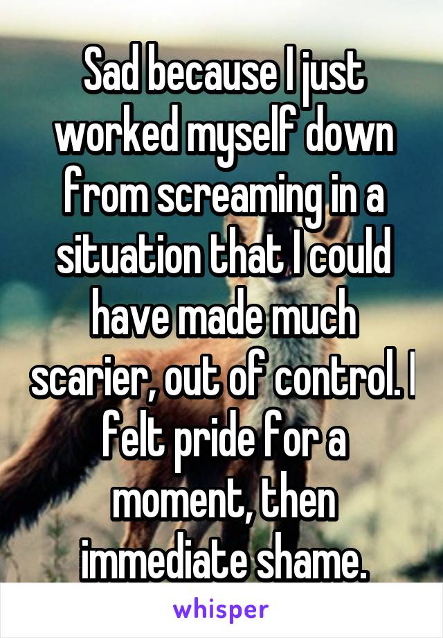 Sad because I just worked myself down from screaming in a situation that I could have made much scarier, out of control. I felt pride for a moment, then immediate shame.