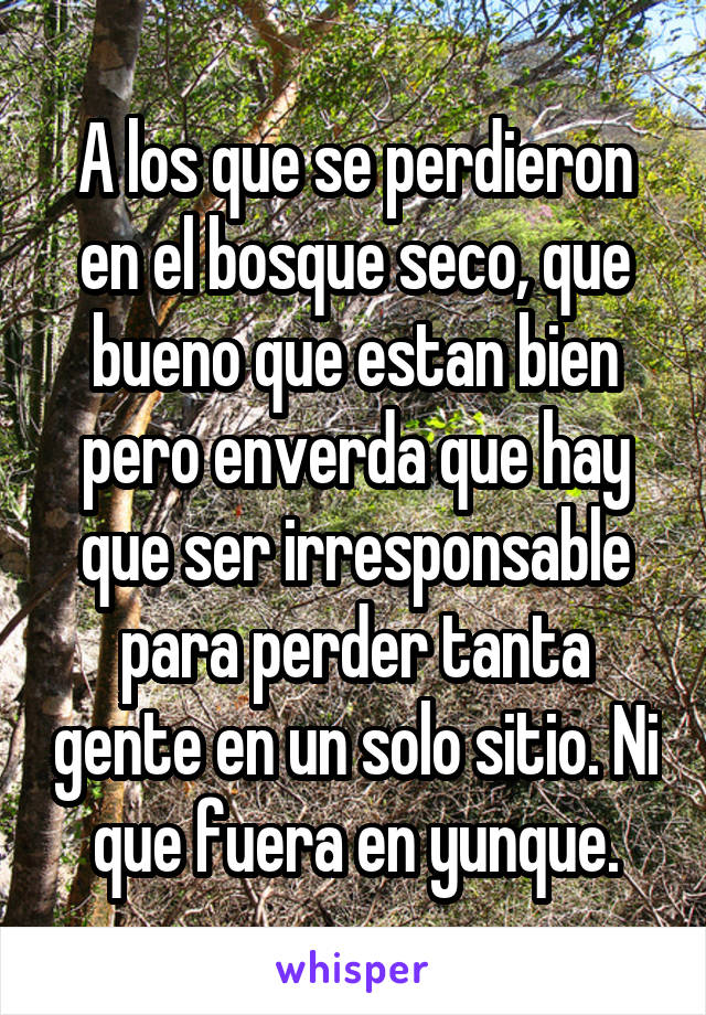 A los que se perdieron en el bosque seco, que bueno que estan bien pero enverda que hay que ser irresponsable para perder tanta gente en un solo sitio. Ni que fuera en yunque.